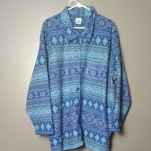 Just My Size Blue/Green Patterned Fleece Full Button Jacket Size XL